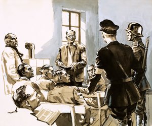 Il pastore Dietrich Bonhoeffer parla contro il partito nazista di Hitler (gouache su carta) da English School