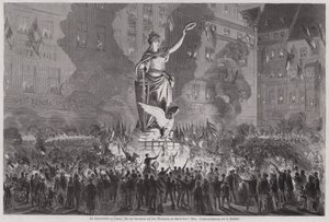 Celebrazioni della pace davanti alla statua della Germania nella piazza del mercato di Lipsia, Germania, la sera del 5 marzo 1870 da English School