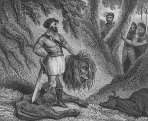 Pipino il Breve, Re dei Franchi, dimostra che la sua statura non è un impedimento alla sua capacità di governare uccidendo un leone da English School