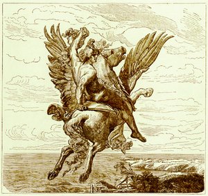 Perseo sul cavallo alato Pegaso, con la testa di Medusa, illustrazione da La Storia Illustrata del Mondo, pubblicata c.1880 da English School