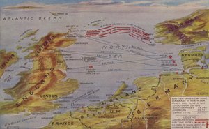 Mappa prospettica che mostra la posizione della barriera di mine del Mare del Nord, la scena delle principali azioni navali e le basi navali tedesche (litografia a colori)