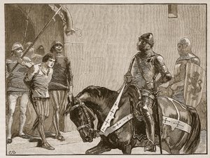 Piers Gaveston davanti al conte di Warwick, illustrazione da Cassells Illustrated History of England da English School