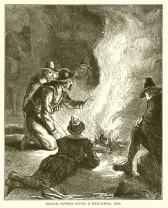 Padri Pellegrini attorno a un fuoco di guardia, 1620 da English School