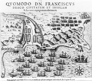Piano che mostra come Francis Drake (c.1540-96) assaltò e tenne l