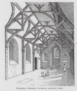 Chiesa di Plaxtole, interno, sguardo verso ovest (litografia) da English School