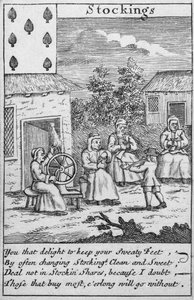 Carta da gioco che mostra lavoratori che fanno calze (stampa) (dettaglio)