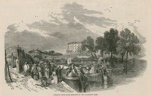 Barche da diporto sul canale, disegnate al Paddington Basin, Regents Canal, Londra da English School