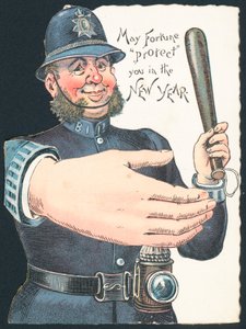 Poliziotto con manganello e mano grande, cartolina di Capodanno da English School