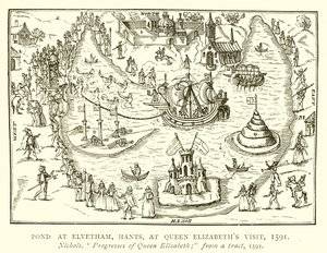 Stagno a Elvetham, Hants, durante la Visita della Regina Elisabetta, 1591 da English School
