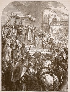 Papa Urbano II che predica la Prima Crociata nel mercato di Clermont, 1096, illustrazione da Cassells Illustrated History of England da English School