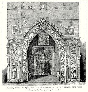 Portico, costruito nel 1587 circa, di una casa colonica ad Arminghall, Norfolk (incisione) da English School