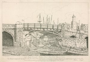 Parte del vecchio London Bridge, disegnata nel 1826 durante i lavori di costruzione da English School