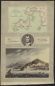 Ritratto di Napoleone Bonaparte con una mappa e una vista dell