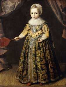 Ritratto di un ragazzo di 3 anni, in piedi a figura intera in un vestito verde ricamato in oro, con un berretto di pizzo e un colletto, che tiene una racchetta e un volano, 1605