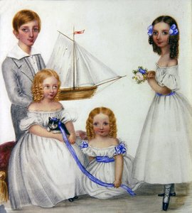 Ritratto di quattro bambini che tengono una barca a vela e un gattino, c.1830 da English School