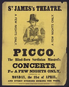 Poster pubblicitario per concerti di Picco, un menestrello sardo cieco al St James