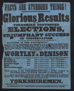 Poster che celebra la vittoria dei candidati conservatori nelle elezioni parlamentari nello Yorkshire