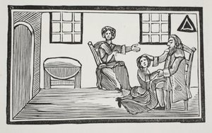 La bella Bessie riceve la benedizione del padre quando va a cercare il proprio sostentamento, illustrazione da Chap-books del XVIII secolo di John Ashton, pub. 1882 da English School