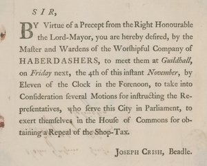 Lettera stampata da Joseph Crish, Beadle di Guildhall, Londra da English School