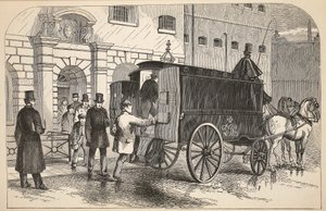 Furgone della prigione che prende i prigionieri alla Casa di Detenzione, illustrazione da Le Prigioni Criminali di Londra e Scene dalla Vita Carceraria di Henry Mayhew e John Binny, pub. 1862 da English School
