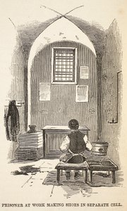 Prigioniero al lavoro a fare scarpe in cella separata, illustrazione da Le Prigioni Criminali di Londra e Scene dalla Vita Carceraria di Henry Mayhew e John Binny, pub. 1862 da English School