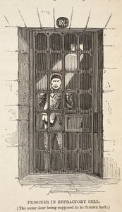 Prigioniero nella cella di isolamento (la porta esterna si suppone sia aperta), illustrazione da Le Prigioni Criminali di Londra e Scene dalla Vita Carceraria di Henry Mayhew e John Binny, pub. 1862