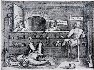 Prigionieri nella Torre dei Lollardi, da Acts and Monuments di John Foxe (1516-87), 1563, illustrazione da The History of the Nation da English School