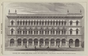 Nuovo Ufficio Postale Generale proposto, Sydney, Nuovo Galles del Sud, Elevazione laterale, progettato da Mr James Barnet, Architetto da English School