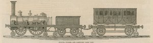 La ferrovia di legno di Prosser: motrice, tender e carrozza, vista laterale da English School