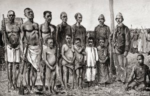 Nativi pigmei a confronto con ufficiali inglesi, sudanesi e zanzibarini, 1890