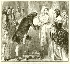 La regina Anna sul letto di morte consegna il bastone bianco al conte di Shrewsbury da English School