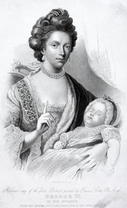 Regina Carlotta, consorte di Re Giorgio III, con il loro figlio neonato, il futuro Principe Reggente e Re Giorgio IV da English School