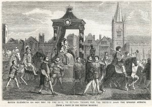 La Regina Elisabetta I in viaggio verso la città per ringraziare per la vittoria sull