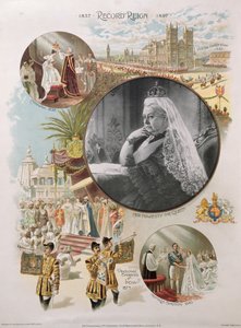 Regina Vittoria (1819-1901) raffigurata al tempo del suo Giubileo di Diamante nel 1897 insieme ad alcuni degli eventi principali della sua vita, 1897 da English School