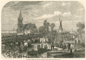 Lavori ferroviari nel cimitero della Vecchia Chiesa di St Pancras, Londra da English School