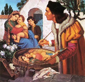 Raffaello dipinge la Madonna col Bambino sopra una botte di vino da English School