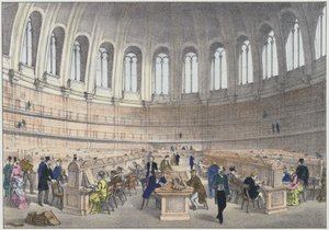 Sala di lettura nel British Museum, Londra (incisione colorata) da English School