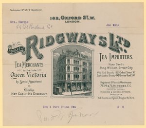 Ricevuta da Ridgways, importatori di tè, 182 Oxford Street, Londra da English School