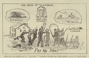 Fac-simile ridotto di un cartello "No Rent" affisso sul cancello della cappella a Kilfinane da English School