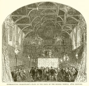 Rappresentazione delle opere di Shakespeare nella sala del Middle Temple, XVI secolo da English School
