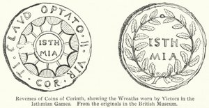 Rovesci di monete di Corinto, che mostrano le corone indossate dai vincitori nei Giochi Istmici (incisione)