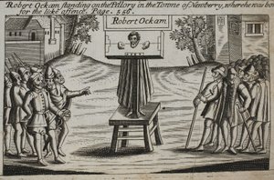 Robert Ockam sul palco nella città di Newberry, dove è nato, illustrazione da Atti e Monumenti di John Foxe, nona edizione, pub. 1684
