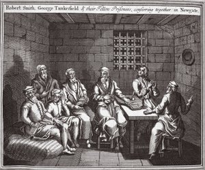 Robert Smith, George Tankerfield e i loro compagni prigionieri che conferiscono insieme a Newgate, illustrazione da Foxes Martyrs c.1703 da English School