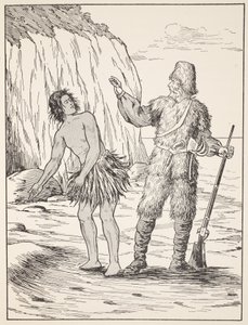 Robinson Crusoe e Venerdì, illustrazione da La storia di Robinson Crusoe: Un adattamento per bambini seguendo il linguaggio di Defoe, pub. da Griffith Farran Browne & Co. Limited, Londra da English School