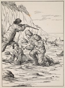 Robinson Crusoe e Venerdì salvano lo spagnolo, illustrazione da La storia di Robinson Crusoe: Un adattamento per bambini seguendo il linguaggio di Defoe, pub. da Griffith Farran Browne & Co. Limited, Londra da English School