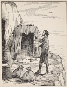 Robinson Crusoe costruisce il suo rifugio, illustrazione da La storia di Robinson Crusoe: Un adattamento per bambini seguendo il linguaggio di Defoe, pub. da Griffith Farran Browne & Co. Limited, Londra da English School