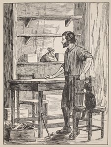 Robinson Crusoe costruisce tavolo e sedie per la sua caverna, illustrazione da La storia di Robinson Crusoe: Un adattamento per bambini seguendo il linguaggio di Defoe, pub. da Griffith Farran Browne & Co. Limited, Londra da English School