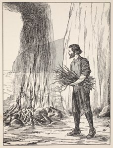 Robinson Crusoe cucina, illustrazione da La storia di Robinson Crusoe: Un adattamento per bambini seguendo il linguaggio di Defoe, pub. da Griffith Farran Browne & Co. Limited, Londra da English School