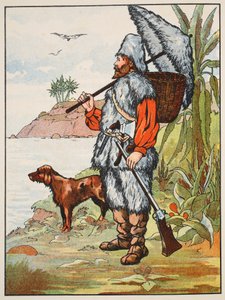 Robinson Crusoe, illustrazione da La storia di Robinson Crusoe: Un adattamento per bambini seguendo il linguaggio di Defoe, pub. da Griffith Farran Browne & Co. Limited, Londra da English School
