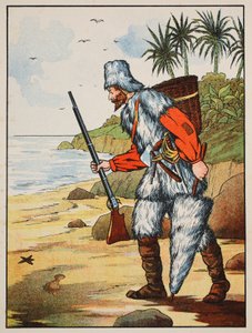 Robinson Crusoe, illustrazione da La storia di Robinson Crusoe: Un adattamento per bambini seguendo il linguaggio di Defoe, pub. da Griffith Farran Browne & Co. Limited, Londra